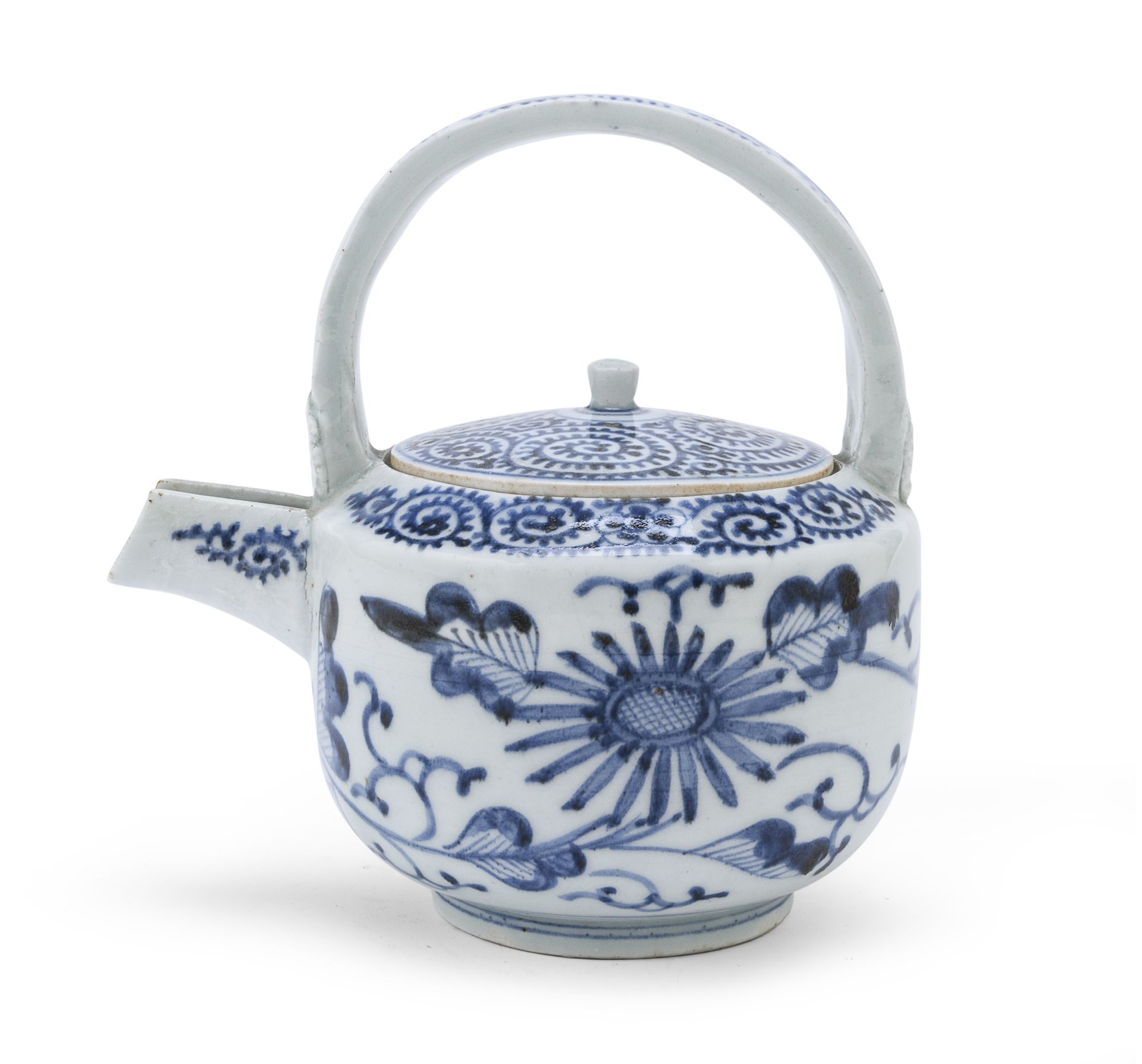 A BLUE AND WHITE PORCELAIN SAKE PITCHER DECORATED WITH KARAKUSA JAPAN FIRST HALF 18TH CENTURY