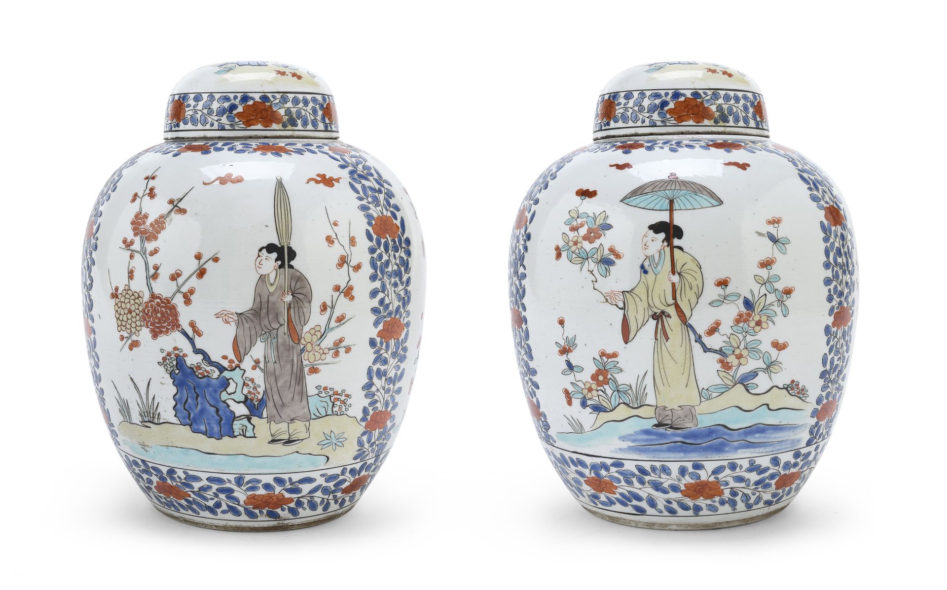 A PAIR OF CHANTILLY POLYCHROME DECORATED PORCELAIN LIDDED VASES LATE 19TH CENTURY