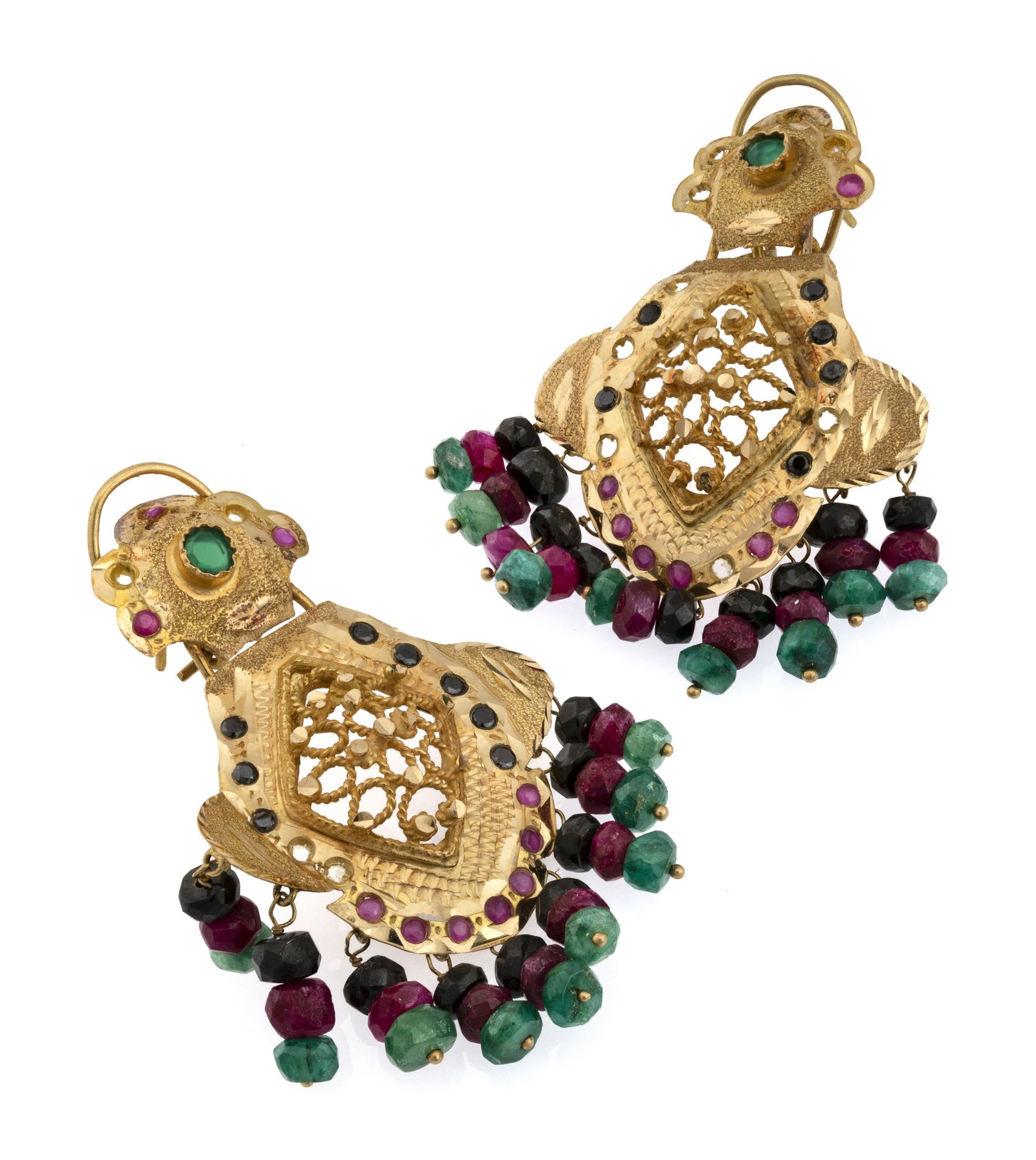 GOLD EARRINGS WITH RUBIES SAPPHIRES AND EMERALDS