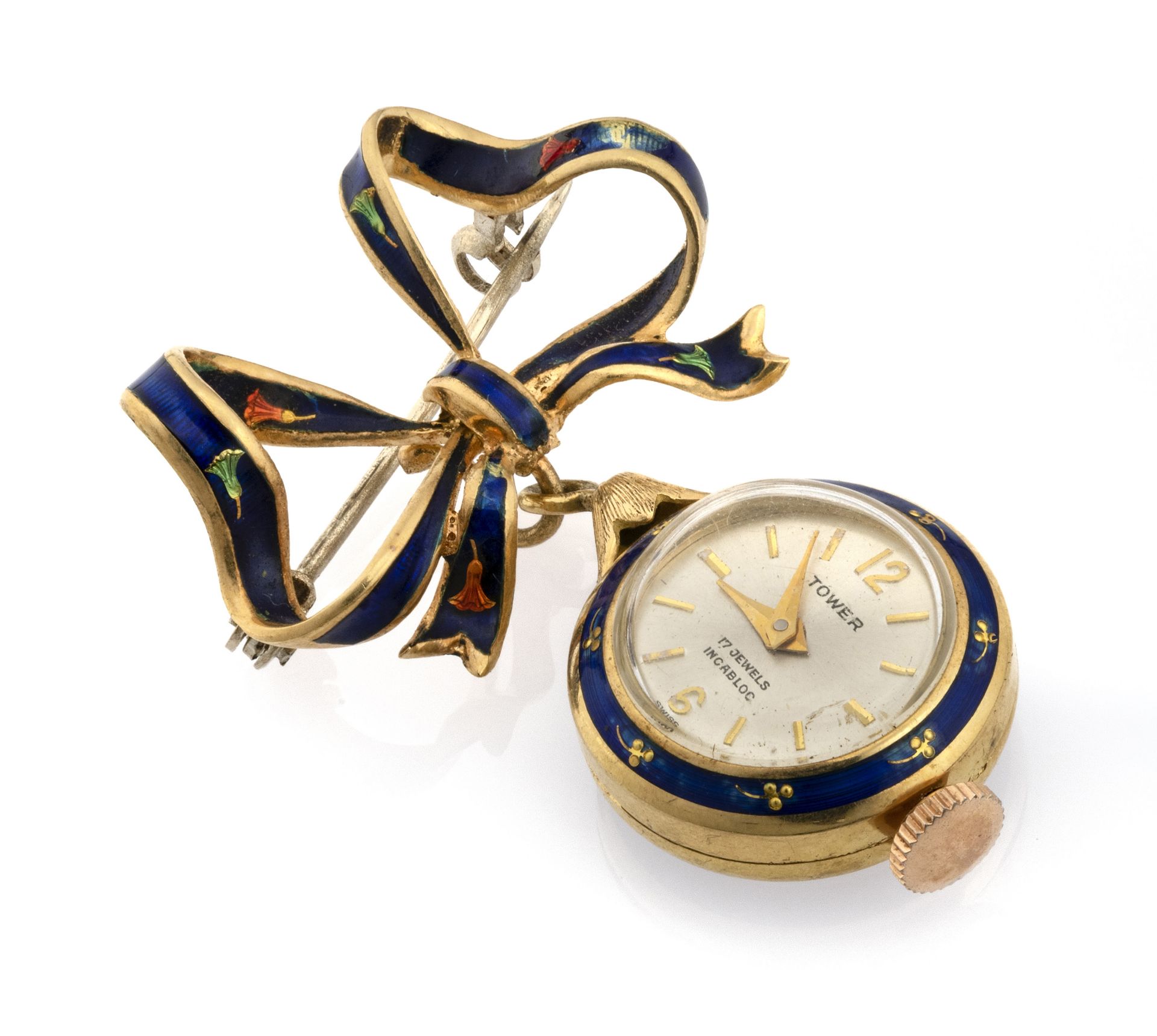 GOLD WATCH BROOCH WITH ENAMELS