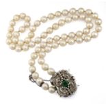 PEARL NECKLACE WITH EMERALD AND DIAMONDS