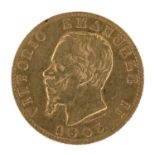 FIVE-LIRA GOLD COIN KINGDOM OF ITALY VITTORIO EMANUELE II 1865