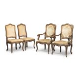 PAIR OF ARMCHAIRS AND TWO CHAIRS IN WALNUT NORTHERN ITALY LATE 18th CENTURY