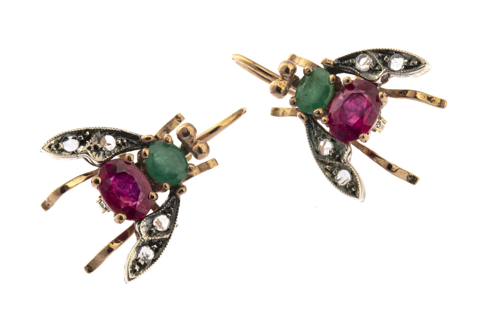 GOLD EARRINGS WITH EMERALDS RUBIES AND DIAMONDS