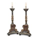 RARE PAIR OF FLOOR CANDLESTICKS IN LACQUERED WOOD ROME STATE OF THE CHURCH 17th CENTURY