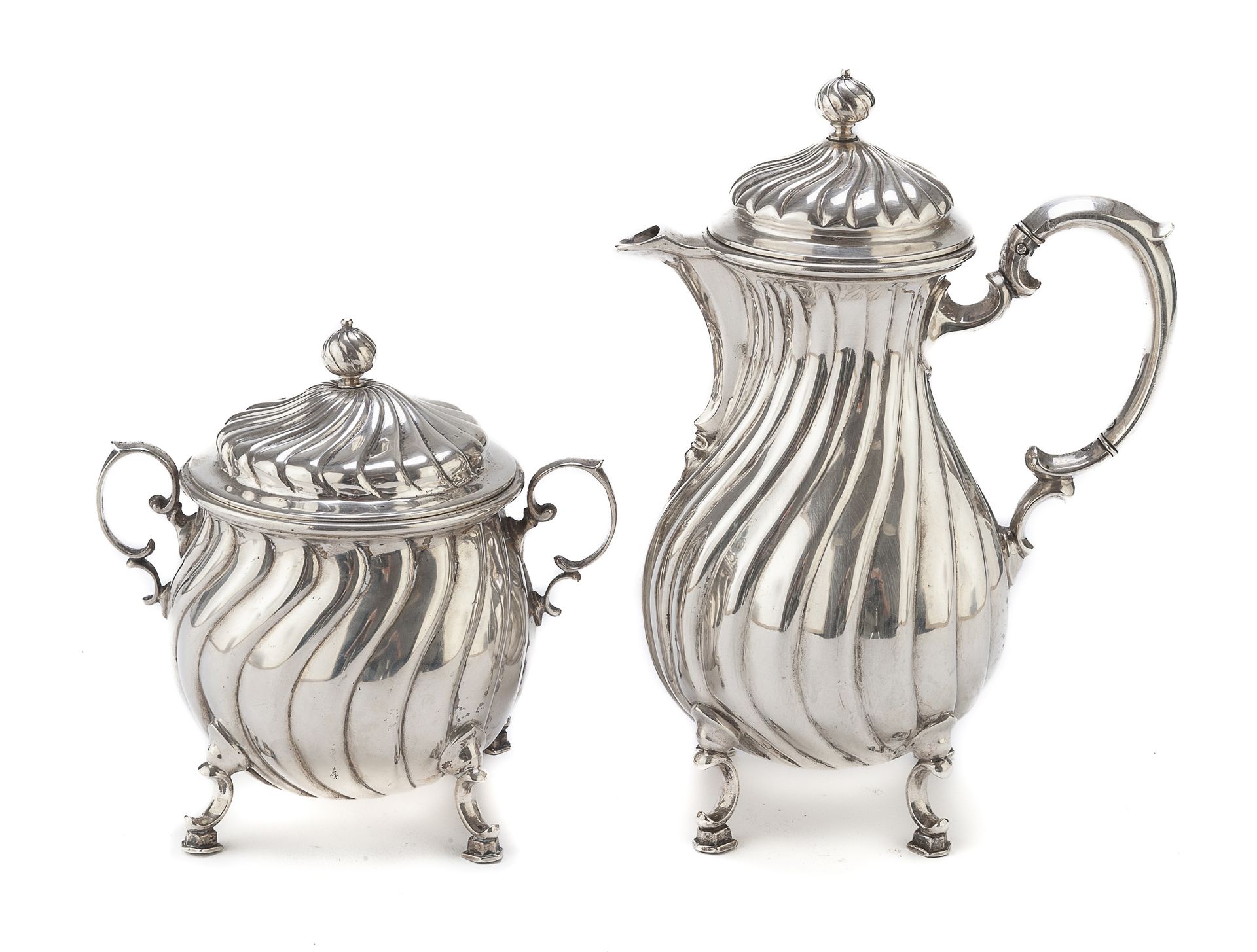 SILVER COFFEE POT AND SUGAR BOWL BREMEN KOCH & BERGFELD LATE 19th CENTURY