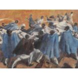 OIL PAINTING OF AN AFRICAN RITUAL DANCE, 20TH CENTURY