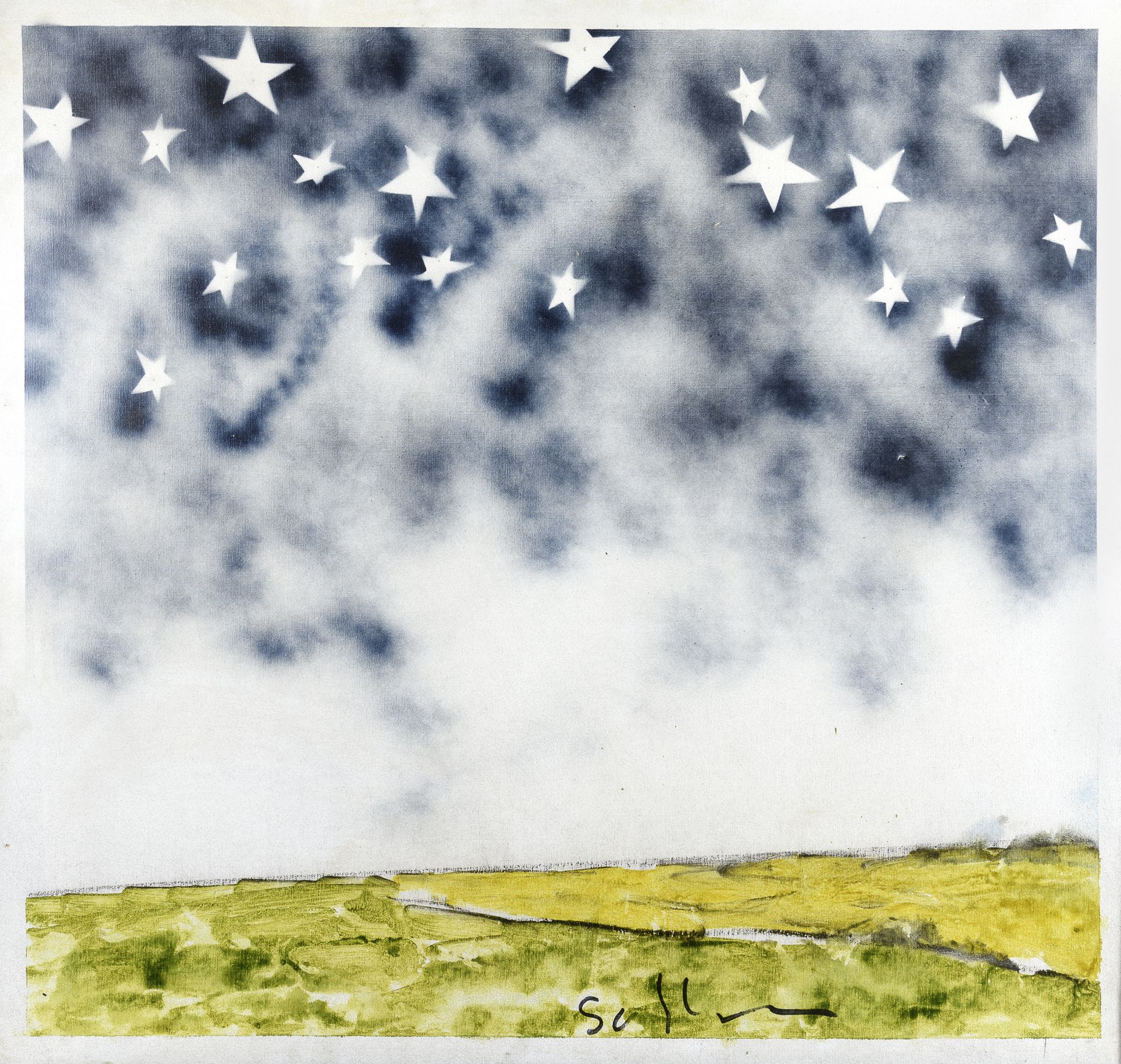 MIXED MEDIA LANDSCAPE WITH STARS BY MARIO SCHIFANO