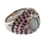 WHITE GOLD RING WITH CENTRAL OPAL RUBIES AND DIAMONDS