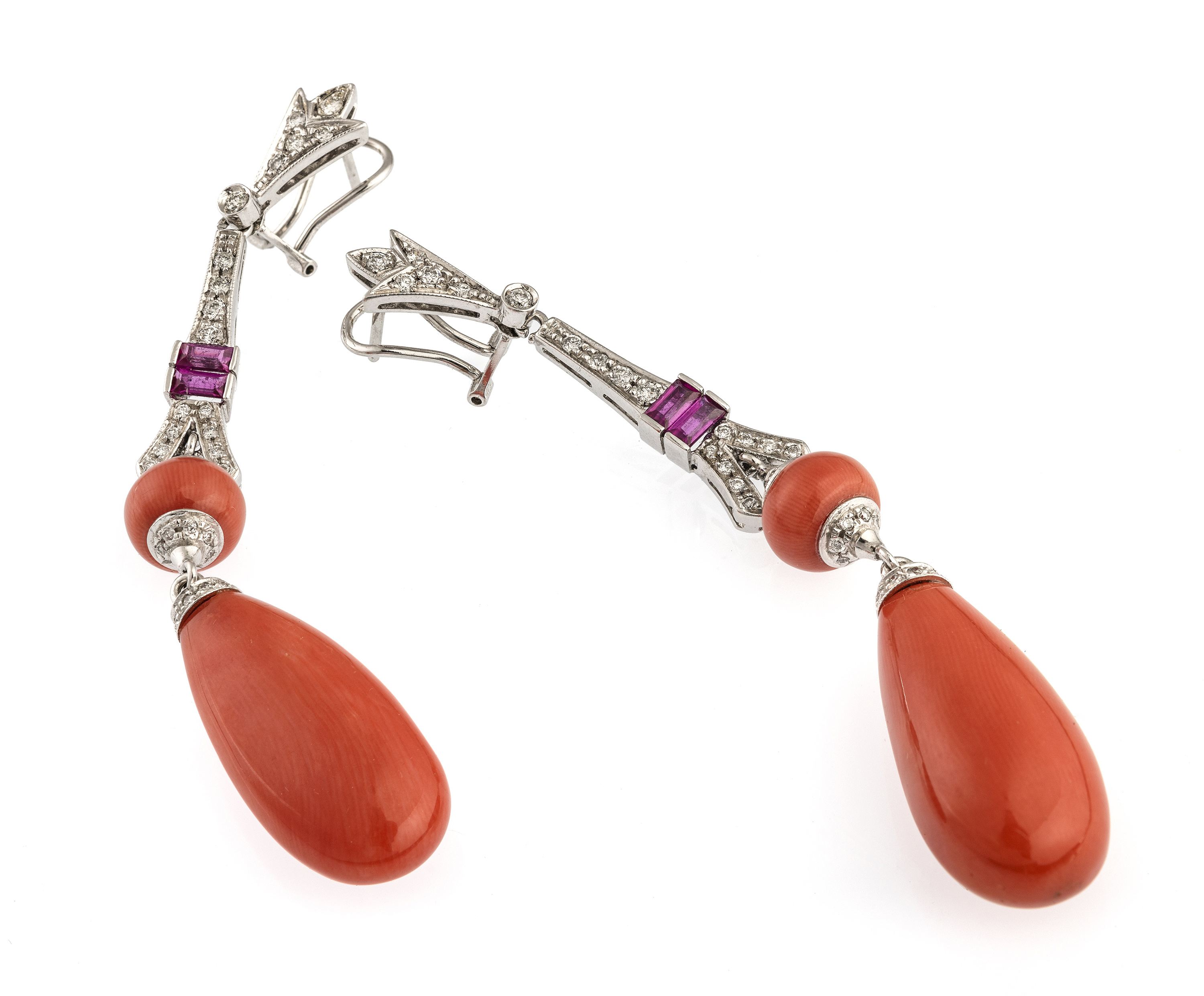 BEAUTIFUL WHITE GOLD EARRINGS WITH PINK CORALS DIAMONDS AND RUBIES