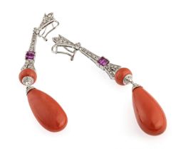BEAUTIFUL WHITE GOLD EARRINGS WITH PINK CORALS DIAMONDS AND RUBIES