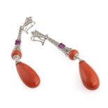 BEAUTIFUL WHITE GOLD EARRINGS WITH PINK CORALS DIAMONDS AND RUBIES