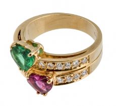 BEAUTIFUL GOLD RING WITH RUBY EMERALD AND DIAMONDS