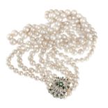THREE STRING PEARL NECKLACE WITH SMALL EMERALDS AND DIAMONDS