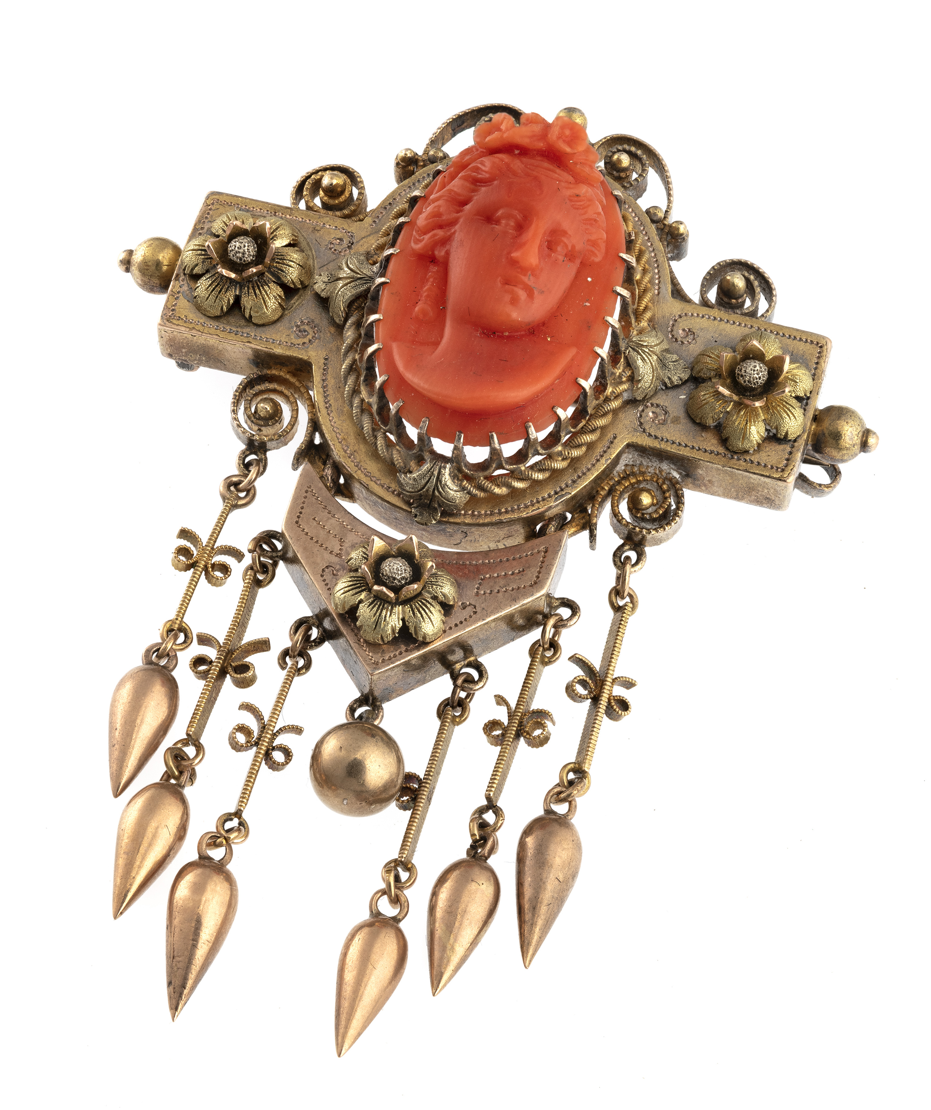 GOLD BOURBON BROOCH WITH CARVED CORAL