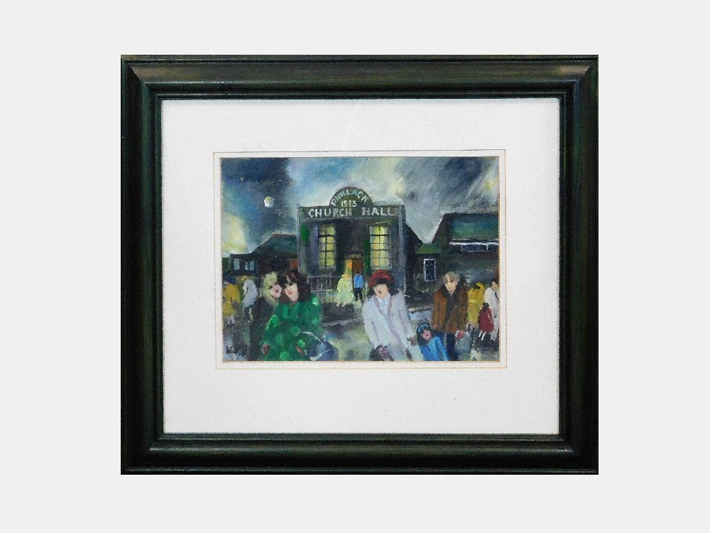 GILL WATKISS.* Phillack Church Hall. Oil on board. Signed. 20 x 28cm.