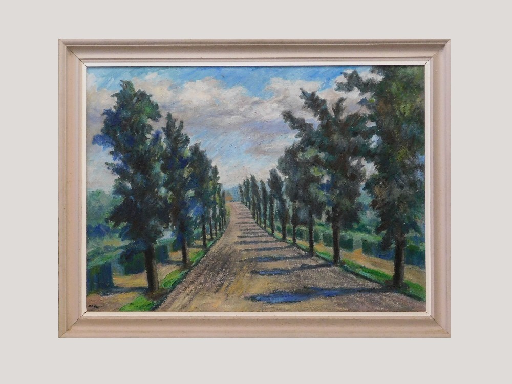 MARJORIE MORT. The Road through the Trees. Oil on board. Signed.