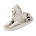 A modern St Petersburg marble resin sculpture, modelled as a recumbent lion, on integral oval