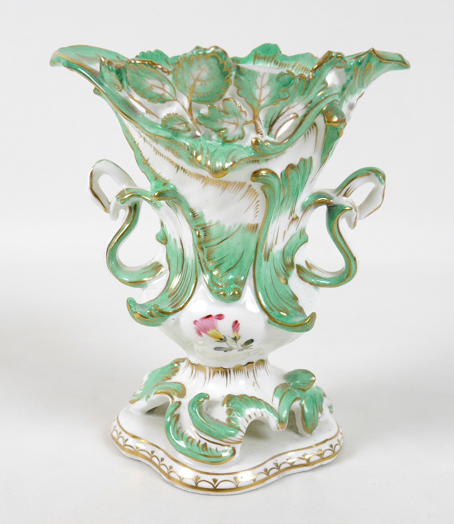 A mid 19th century porcelain Minton vase, decorated in Rococco taste with green and gilt scrolls and - Image 3 of 5