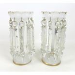 A pair of Victorian white glass lustres,with cut glass drops, gilt highlights, each 12.5 by 27cm