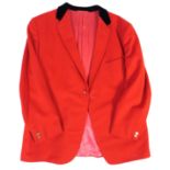 A red hunting jacket with a black collar and 9ct gold buttons, each button engraved with the