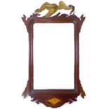 A Victorian fretwork wall mirror with gilt carved Ho Ho bird surmount and satinwood inlaid shell
