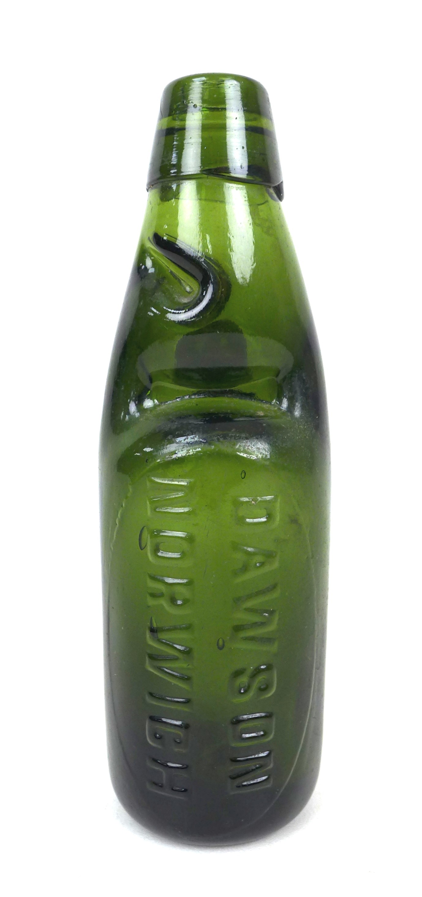 A Dawson of Norwich Codd bottle, dark green glass with marble still intact, heavily embossed 'DAWSON