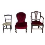 A group of three 19th century chairs, comprising a Victorian nursing chair, upholstered in red