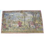 A group of rugs and wall hangings, comprising a Belgian woollen tapestry wall hanging, 242 by 137cm,