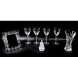 Four Jasper Conran Stuart crystal glass wine goblets, each 25cm high, together with other glass