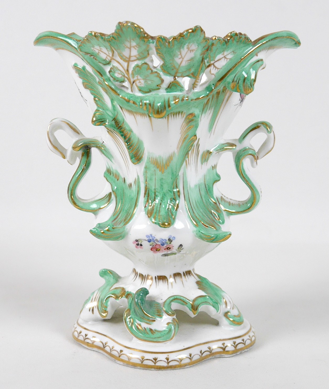 A mid 19th century porcelain Minton vase, decorated in Rococco taste with green and gilt scrolls and - Image 2 of 5
