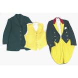 Vintage country pursuits attire, comprising a dark green hacking jacket with a pale yellow waistcoat