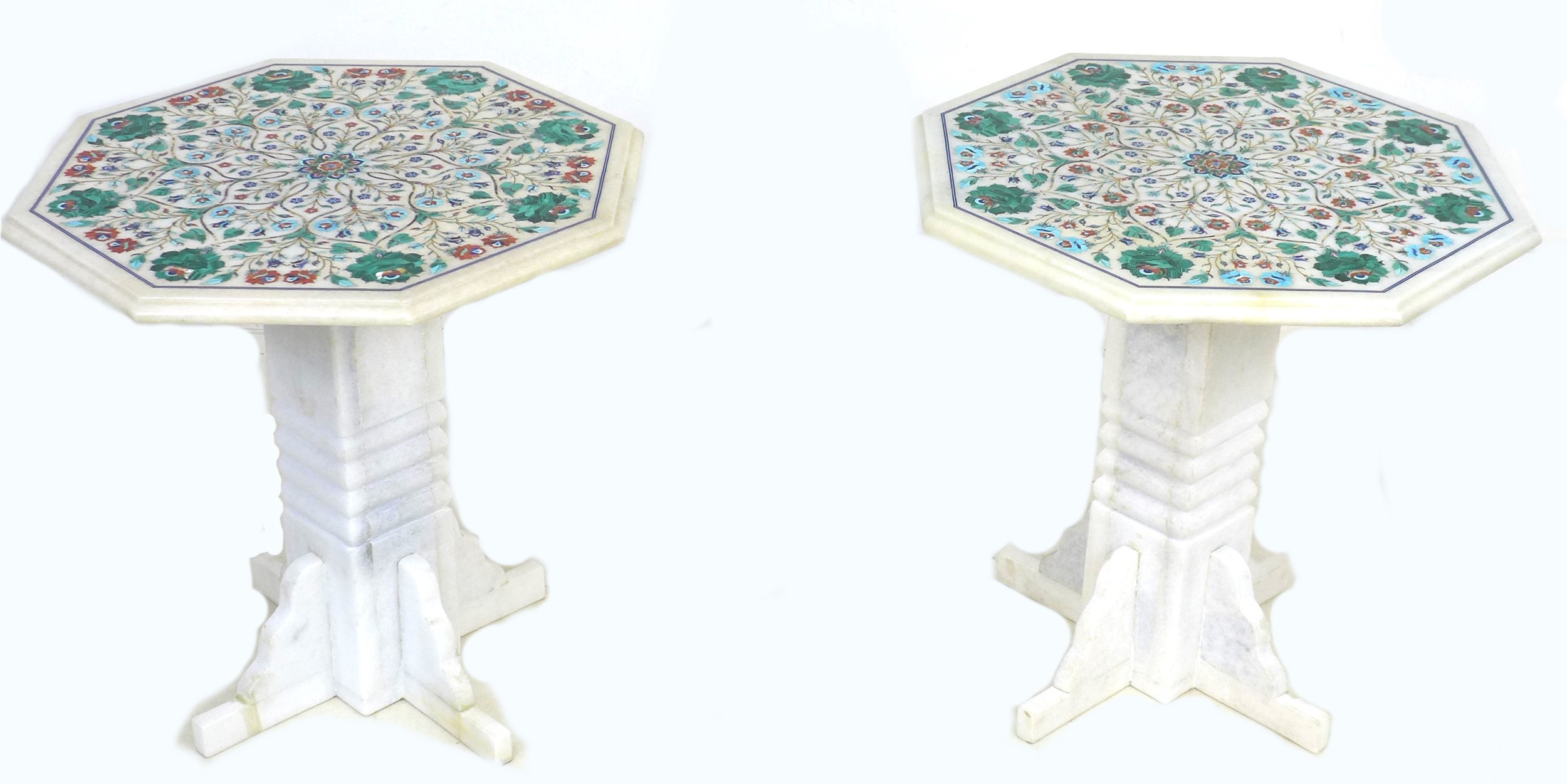 A pair of modern Indian marble occasional tables, with geometric inlaid hardstone decoration to