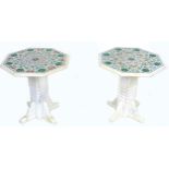 A pair of modern Indian marble occasional tables, with geometric inlaid hardstone decoration to