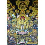 A Bhutanese Thangka, 19th century, painted with various Buddhistic figures surrounding a