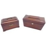 Two 19th century mahogany boxes, comprising a sarcophagus form tea caddy with two glass mixing