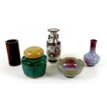 A group of five Chinese ceramic items, comprising a bottle vase, 15cm high, and bowl, 7cm high,