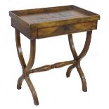 A French 19th century mahogany side table, with raised edge, single drawer, a/f missing key,
