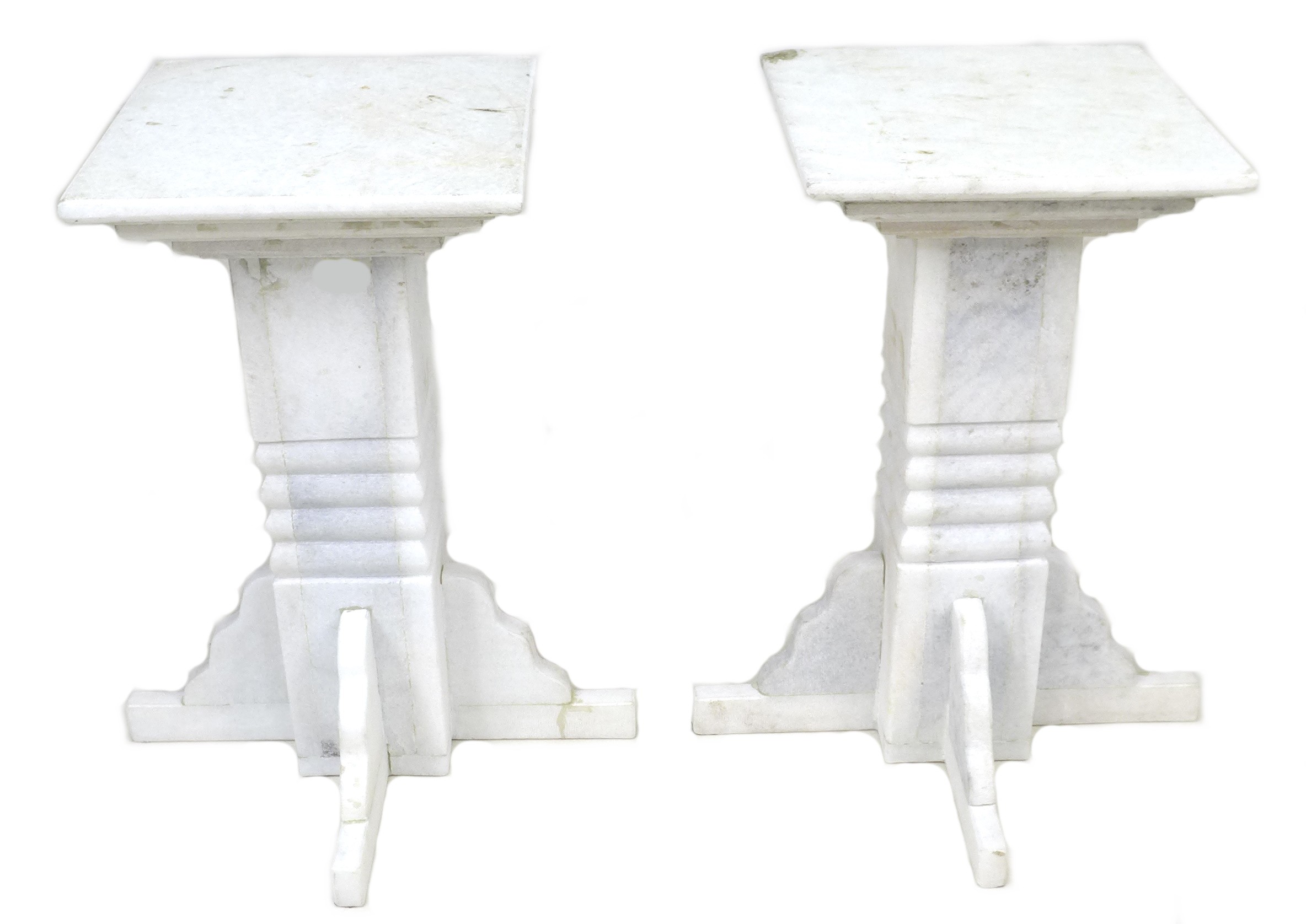 A pair of modern Indian marble occasional tables, with geometric inlaid hardstone decoration to - Image 5 of 5