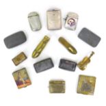 A collection of snuff and vester cases in various forms, in pewter, brass, white metal and silver,