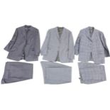 Three tailored suits, comprising a light grey pin stripe, a blue and grey checkered, together with a