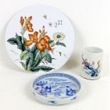 A group of three modern Chinese porcelain items, comprising a blue and white decorated dish, 15 by