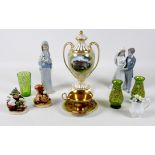 A group of ceramic and glass, comprising a commemorative Spode china twin handled vase and cover,