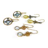 A group of drop earrings, comprising a pair set in 9ct gold with blue topaz in a cross design, 3cm