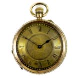 A Continental 19th century 14K yellow gold key wind open faced pocket watch, with engraved floral