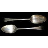 Two George III silver table spoons, both old English pattern and with engraved initials 'RMH' to