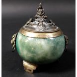 A Chinese silver and jade censer, its lid decorated with a central figure, possibly Quan yin,