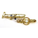 Two 15ct gold bar brooches, the first set with pearls and royal blue sapphires, 4.2cm, the seconds
