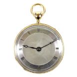 A Continental 10ct gold open faced pocket watch, circa 1900, key wind, quarter repeating with