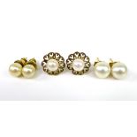 Two pairs of gold and cultured pearl stud earrings, the first in 15ct gold with openwork heart